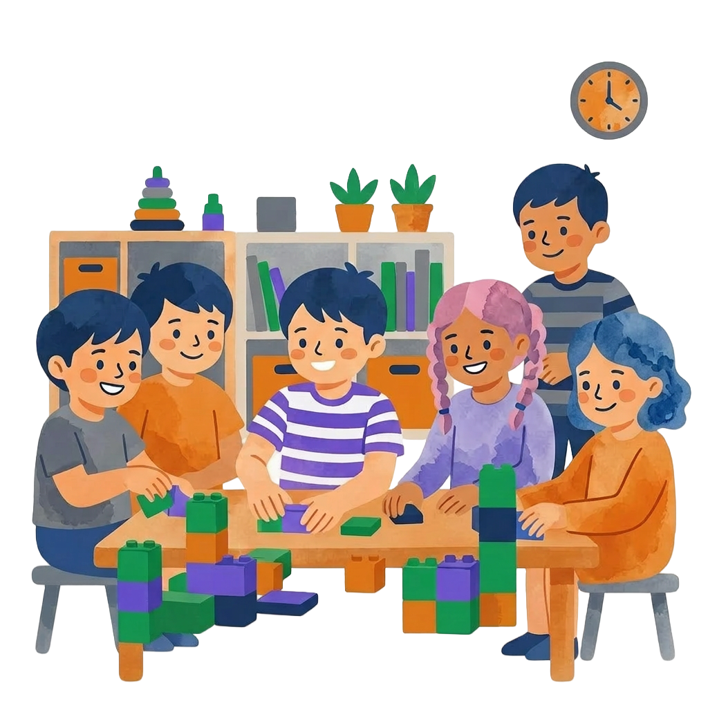 Bloklarla oyun ve eğitim etkinliğinde bir araya gelmiş çocuklar ve özel eğitim öğretmenleri